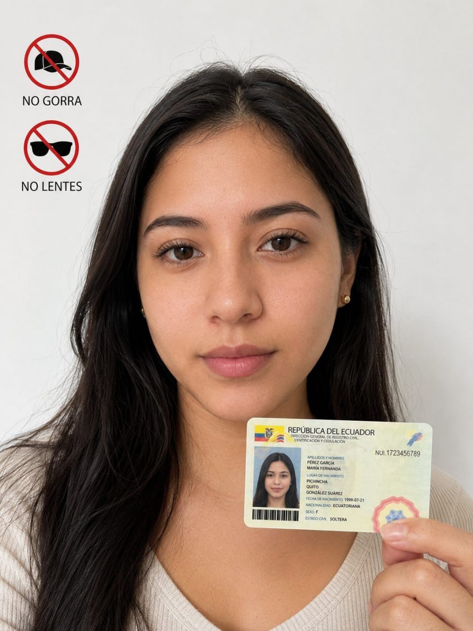 Ejemplo de selfie sosteniendo la cédula, sin gorra ni lentes